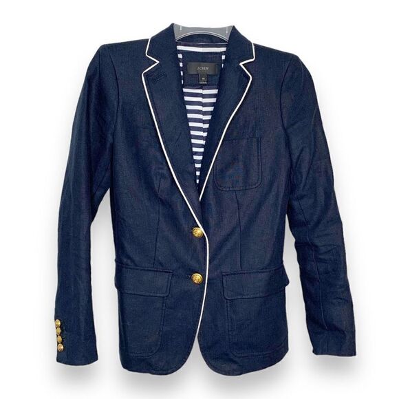 J. Crew Rhodes Navy Blue Blazer 100% Linen Nautical Crest Gold Buttons Size 00 - Picture 3 of 12